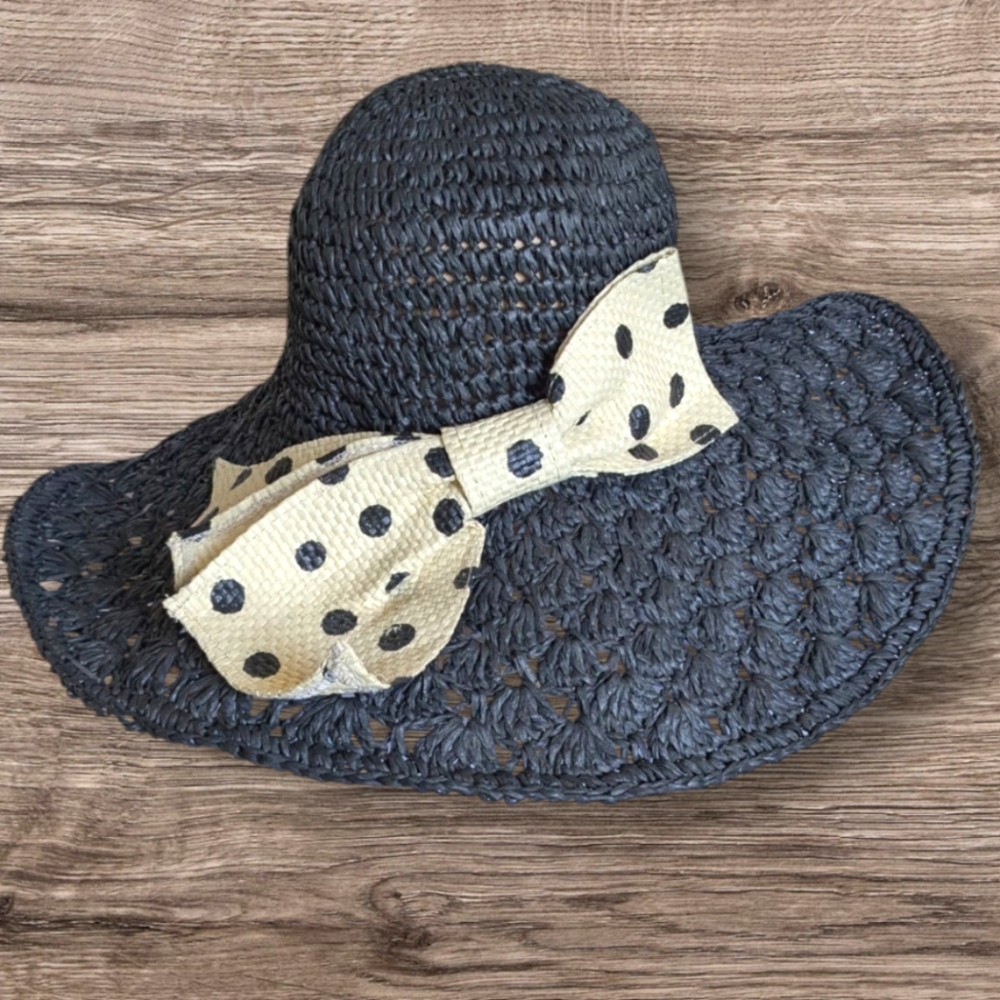 Jessica Simpson Floppy Hat Straw Polka Dot Bow Oversized Garden Party KY Derby